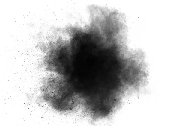Schwarzpulverexplosion Vor Weißem Hintergrund Schwarze Staubpartikel Spritzen Stockbild