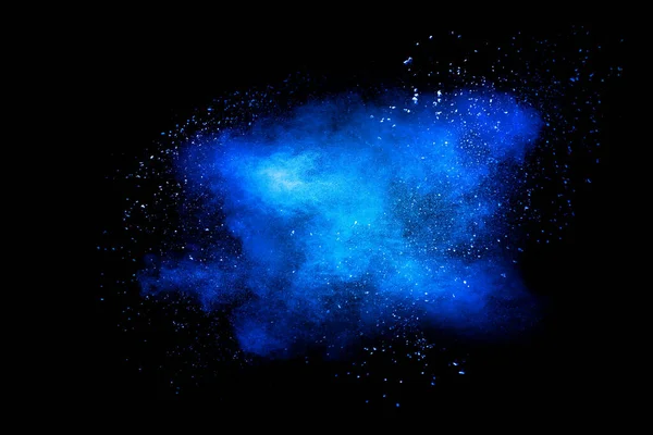 Blaue Farbe Staubpartikel Explosion Wolke Auf Schwarzem Hintergrund Farbe Pulverspritzer Stockbild