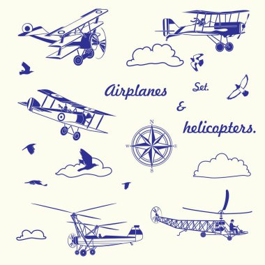 Havacılık ve havacılık temalı bir takım yalıtılmış elementler. Vintage uçaklar ve helikopterler, bulutlar, kuşlar, rüzgar gülü. Vektör grafikleri.