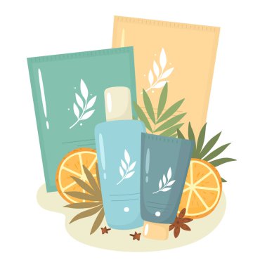 Maskeli kozmetik seti, tonik ve portakal özlü yüz bakım kremi. Düz biçimli vektör illüstrasyonu.