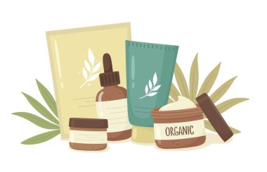 Organik kozmetik seti, tüp, kavanoz, şişe ve yüz maskesi, cilt bakımı. Düz biçimli vektör illüstrasyonu.