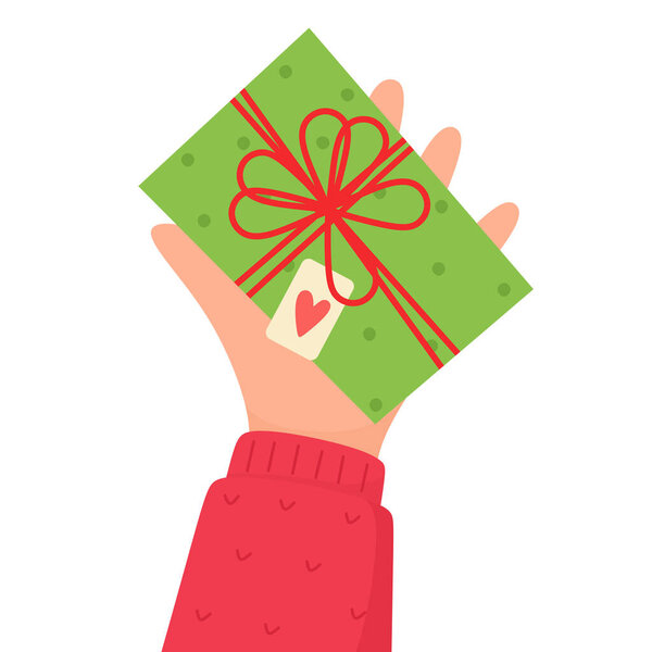 Маленький подарок в ладони для любимого человека. Векторная иллюстрация в плоском стиле.