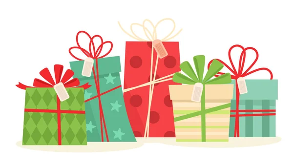 Conjunto Regalos Navidad Cajas Regalo Con Cintas Patrones Ilustración Vectorial — Vector de stock