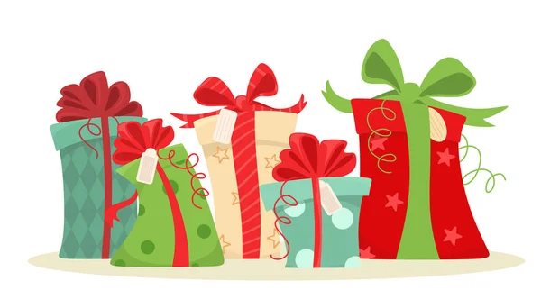 Conjunto Regalos Navidad Cajas Regalo Con Cintas Patrones Ilustración Vectorial — Vector de stock