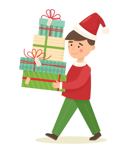 Niño Feliz Disfraz Navidad Lleva Regalos Ilustración Vectorial Estilo Plano — Vector de stock