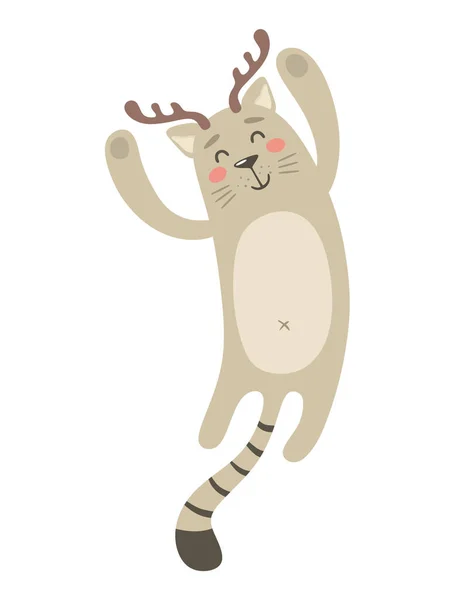 Happy Flying Cat Deer Antlers Deer Cat Christmas Cat Flat — Stock Vector