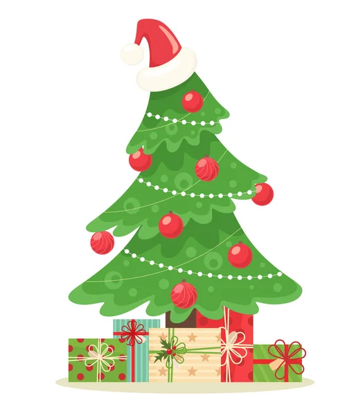 Árbol Navidad Con Sombrero Santa Regalos Ilustración Vectorial Estilo Plano — Vector de stock