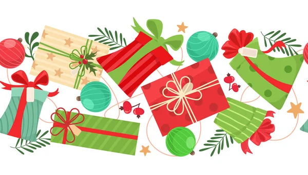 Απρόσκοπτη Οριζόντια Μοτίβο Μπάλες Χριστουγέννων Κουτιά Δώρων Και Στοιχεία Σχέδιο — Διανυσματικό Αρχείο
