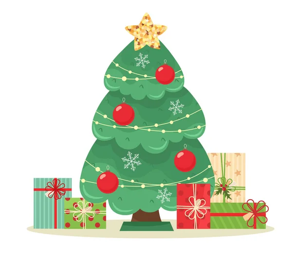 Árbol Navidad Con Una Estrella Decorada Con Bolas Navidad Bajo — Vector de stock