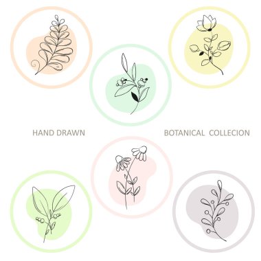 Sanatsal yeşillik koleksiyonu doğal bitki logoları hizada. Elle çizilmiş çiçek tasarımı için dekoratif güzellik çizimi. Vektör botanik elementler.