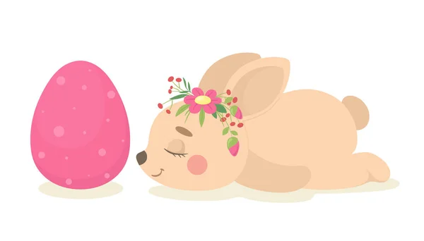 可爱的复活节小兔子睡在复活节彩蛋旁边 矢量说明 — 图库矢量图片