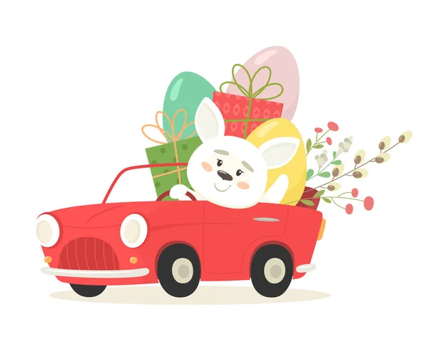 Wesoły Królik Samochodzie Jajkami Prezentami Szczęśliwej Wielkanocy Ilustracja Wektora Stylu — Wektor stockowy