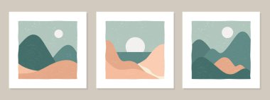 Dağları, gölü, denizi olan bir dizi minimalist soyut manzara. Ağ ve iç duvarlar için posterler. Vektör.