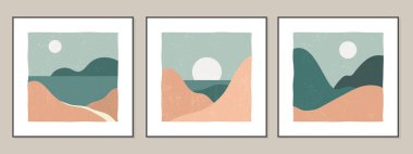 Dağları, gölü, denizi olan bir dizi minimalist soyut manzara. Ağ ve iç duvarlar için posterler. Vektör.