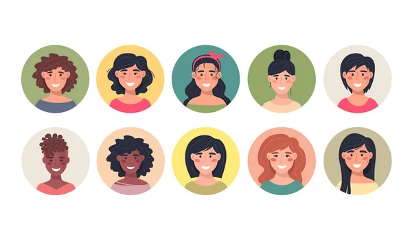 Collectie Vrouwelijke Avatars Een Rond Icoon Communicatie Mensen Vector Illustratie — Stockvector