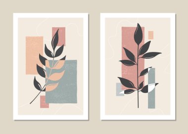 Botanik duvar sanat vektörü ayarlandı. Kolaj, poster, kapak, duvar dekorasyonu için ideal çiçek ve dalların soyut desenleri. Vektör.