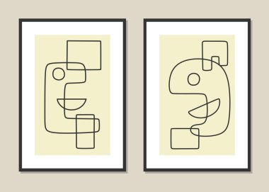 Minimalist doğrusal tarzda çizimlerin modaya uygun vektör kümesi. Gülümseyen stilize yüzler.