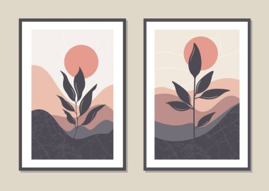 Sanat manzara duvarı seti. Kapaklar, posterler, baskılar, duvar resimleri için minimalist bir tasarım. Vektör.