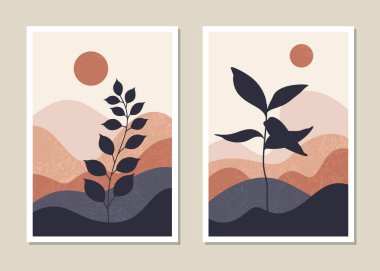 Sanat manzara duvarı seti. Kapaklar, posterler, baskılar, duvar resimleri için minimalist bir tasarım. Vektör.