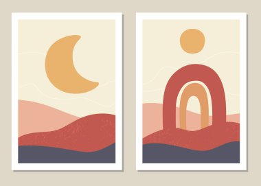 Manzaralı soyut kolaj seti. Duvar sanatı Vektör illüstrasyonu