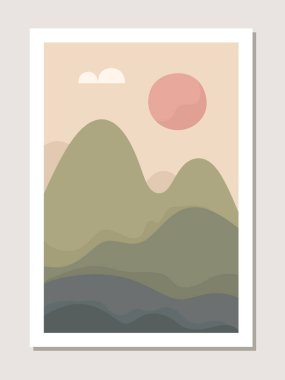 Sanat manzarası duvarı. Örtüler, posterler, baskılar, duvar resimleri için minimalist tarzda dağların tasarlandığı soyut bir manzara. Vektör.