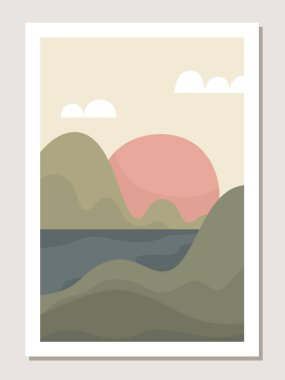 Sanat manzarası duvarı. Örtüler, posterler, baskılar, duvar resimleri için minimalist tarzda dağların tasarlandığı soyut bir manzara. Vektör.