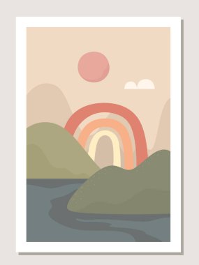 Gökkuşağı ve manzaralı duvar sanatı. Soyut gökkuşağı desenleri ve şekilleri kolajlar, posterler, kapaklar için, duvar dekorasyonu için mükemmel. Vektör.