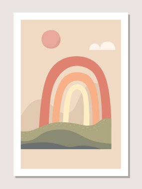 Gökkuşağı ve manzaralı duvar sanatı. Soyut gökkuşağı desenleri ve şekilleri kolajlar, posterler, kapaklar için, duvar dekorasyonu için mükemmel. Vektör.