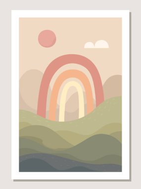 Gökkuşağı ve manzaralı duvar sanatı. Soyut gökkuşağı desenleri ve şekilleri kolajlar, posterler, kapaklar için, duvar dekorasyonu için mükemmel. Vektör.