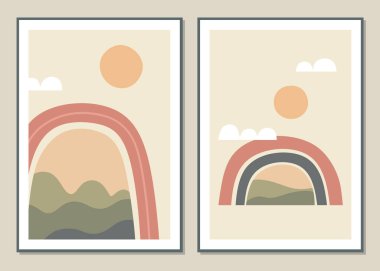 Gökkuşağı ve manzaralı duvar sanatı. Soyut gökkuşağı desenleri ve şekilleri kolajlar, posterler, kapaklar için, duvar dekorasyonu için mükemmel. Vektör.