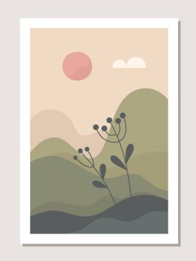Sanat manzarası duvarı. Botanik. Kapaklar, posterler, baskılar, duvar resimleri için minimalist bir tasarım. Vektör.