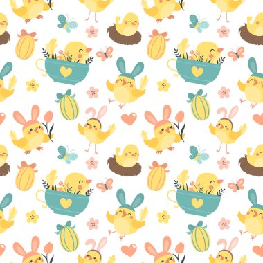 Güzel kuşlar, tavşanlar ve yumurtalarla kusursuz Paskalya deseni. Vektör illüstrasyonu.