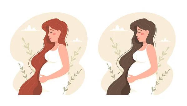 Ευτυχισμένη Έγκυος Γυναίκα Κοκκινομάλλα Και Μελαχρινή Έννοια Διανύσματος — Διανυσματικό Αρχείο