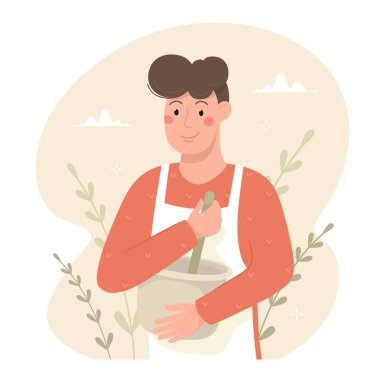 Genç adam yemek pişiriyor. Çizgi film tarzında vektör illüstrasyonu.