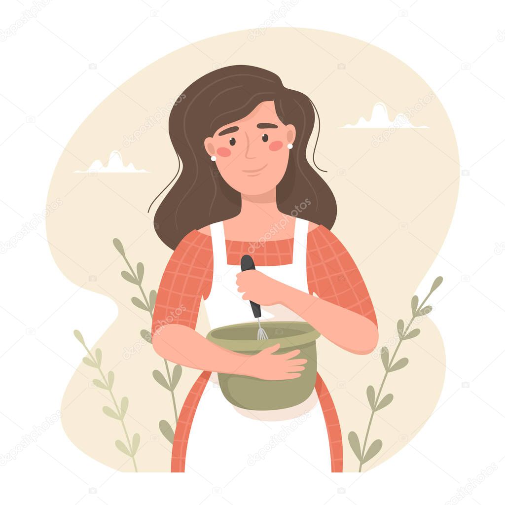 Happy woman in apron knocks baking ingredients in a bowl. . Hand drawn vector illustration. Cozy mood, homemade baked goods