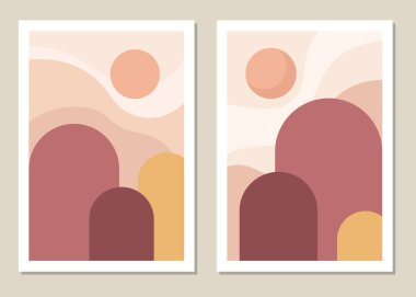 Sanatsal manzara duvarı. Kapaklar, posterler, baskılar, minimalist tarzda duvar sanatı için dağları olan soyut geometrik manzara. Vektör.