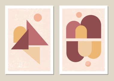 Sanatsal manzara duvarı. Kapaklar, posterler, baskılar, minimalist tarzda duvar sanatı için dağları olan soyut geometrik manzara. Vektör.