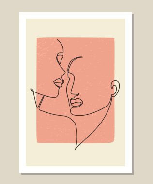 Çizgiye uygun kadın ve erkek yüzleri olan soyut duvar sanatı. Soyut sanat, duvarları, kapakları, afişleri, kartpostalları süslemek için harikadır. Vektör illüstrasyonu.