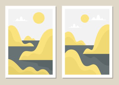 Sanat manzara duvarı seti. Kapaklar, posterler, baskılar, duvar resimleri için minimalist bir tasarım. Vektör.