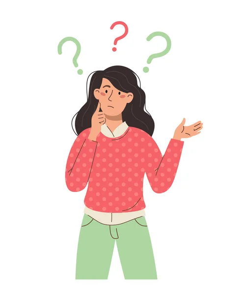 Puzzled Thinking Girl Question Marks Person Vector Character White Background — Stock Vector