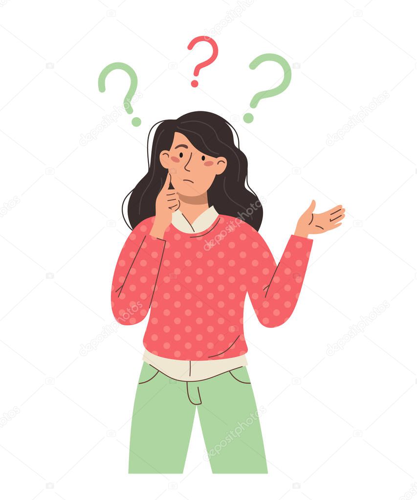 Puzzled and thinking girl with question marks. Person. Vector character on a white background.