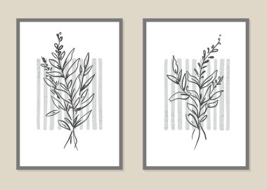 Botanik duvar sanat vektörü ayarlandı. Çiçeklerin ve dalların soyut deseni. Vektör illüstrasyonu.