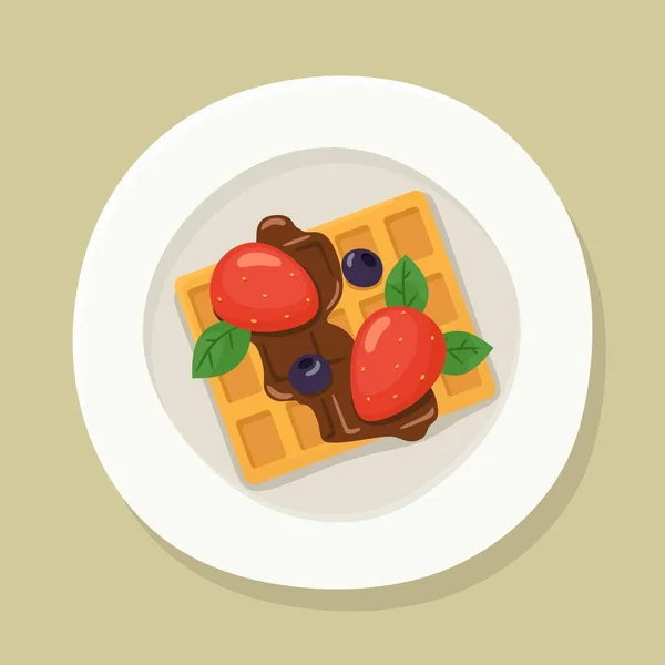 Gofres Vieneses Plato Con Fresas Arándanos Chocolate Ilustración Vectorial — Vector de stock