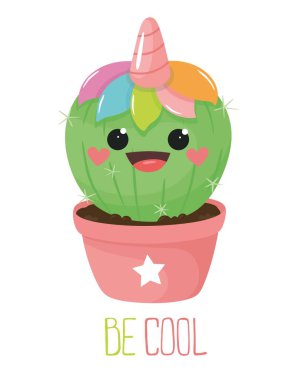 Güzel, mutlu bir kaktüs, tek boynuzlu at. Sakin ol. Vektör illüstrasyonu.