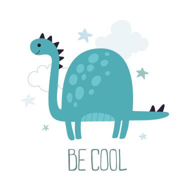 Dinozor ve bulutlu şirin çocuksu bir iz. Sakin ol. İskandinav tarzında vektör illüstrasyonu.
