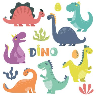 İskandinav tarzında şirin dinozor koleksiyonu. Şirin hayvanlar, çocuk resimleri, çocuk kıyafetleri ve eşyaları için parmak izi. Vektör izolasyonu.