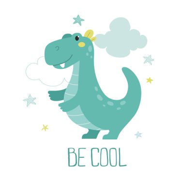 Dinozor ve bulutlu şirin çocuksu bir iz. Sakin ol. İskandinav tarzında vektör illüstrasyonu.