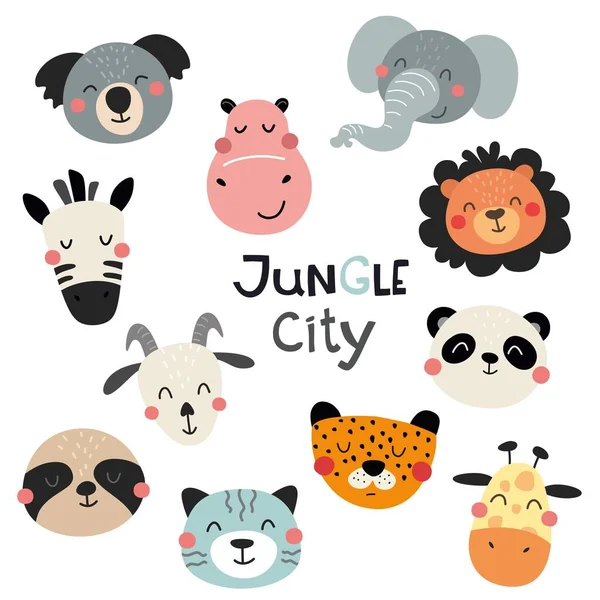 Collection Cute Little Animal Faces Children Illustration Vector Isolates White — Wektor stockowy