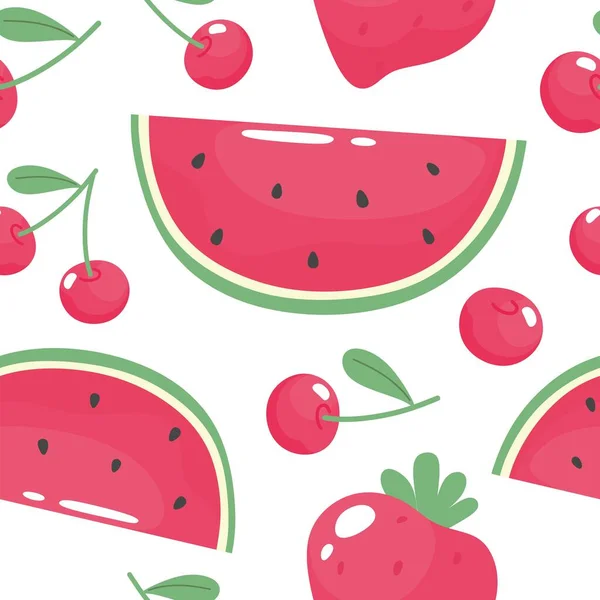 Nahtloses Sommermuster Mit Wassermelone Erdbeere Süßkirsche Vektor Handgezeichnete Illustration — Stockvektor