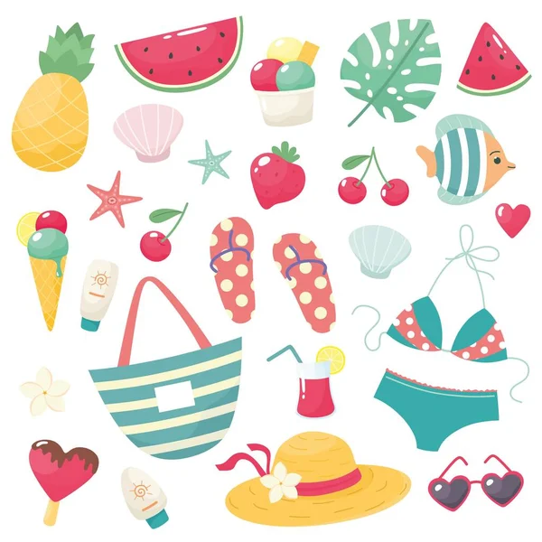 Lindo Conjunto Verano Con Bikini Chanclas Frutas Helado Flores Conchas — Archivo Imágenes Vectoriales